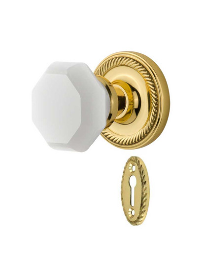 Rope Rosette Mortise Lock Set with Milk White Waldorf Crystal Glass Knobs in Un-Lacquered Brass.